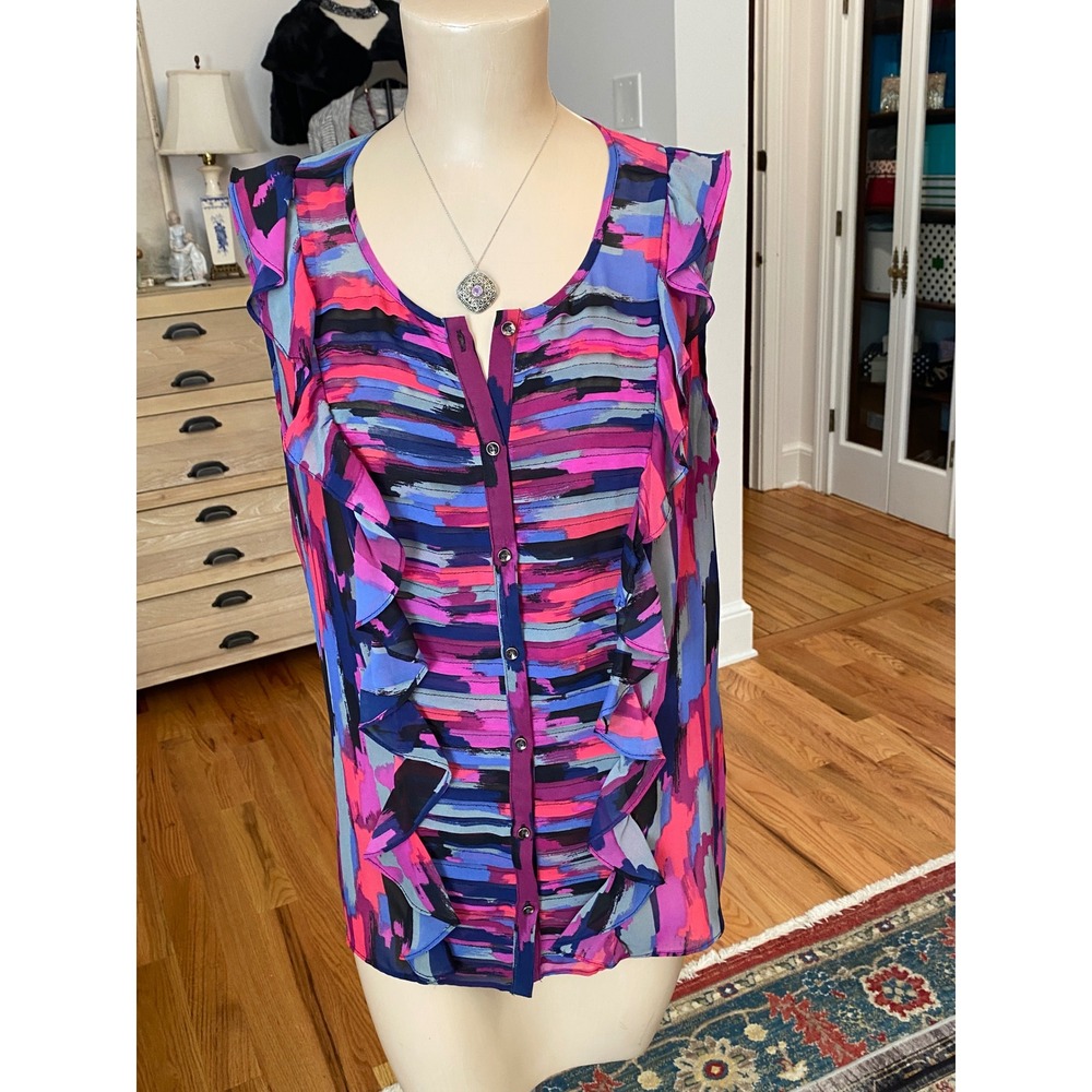 Alfani Womens Pink Purple Abstract Ruffle Front Sleeveless Blouse Size 12